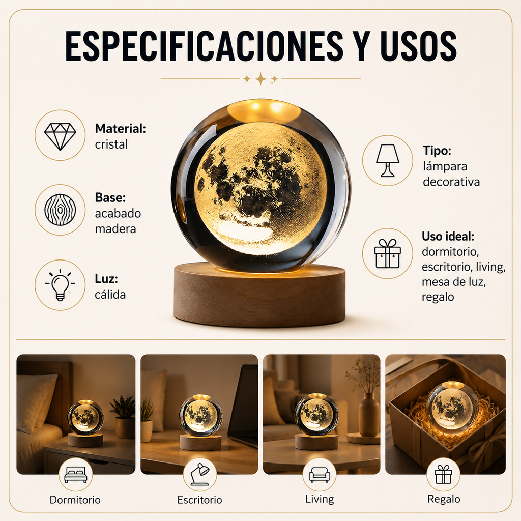 Lampara 3D Bola de Cristal con Base de Madera