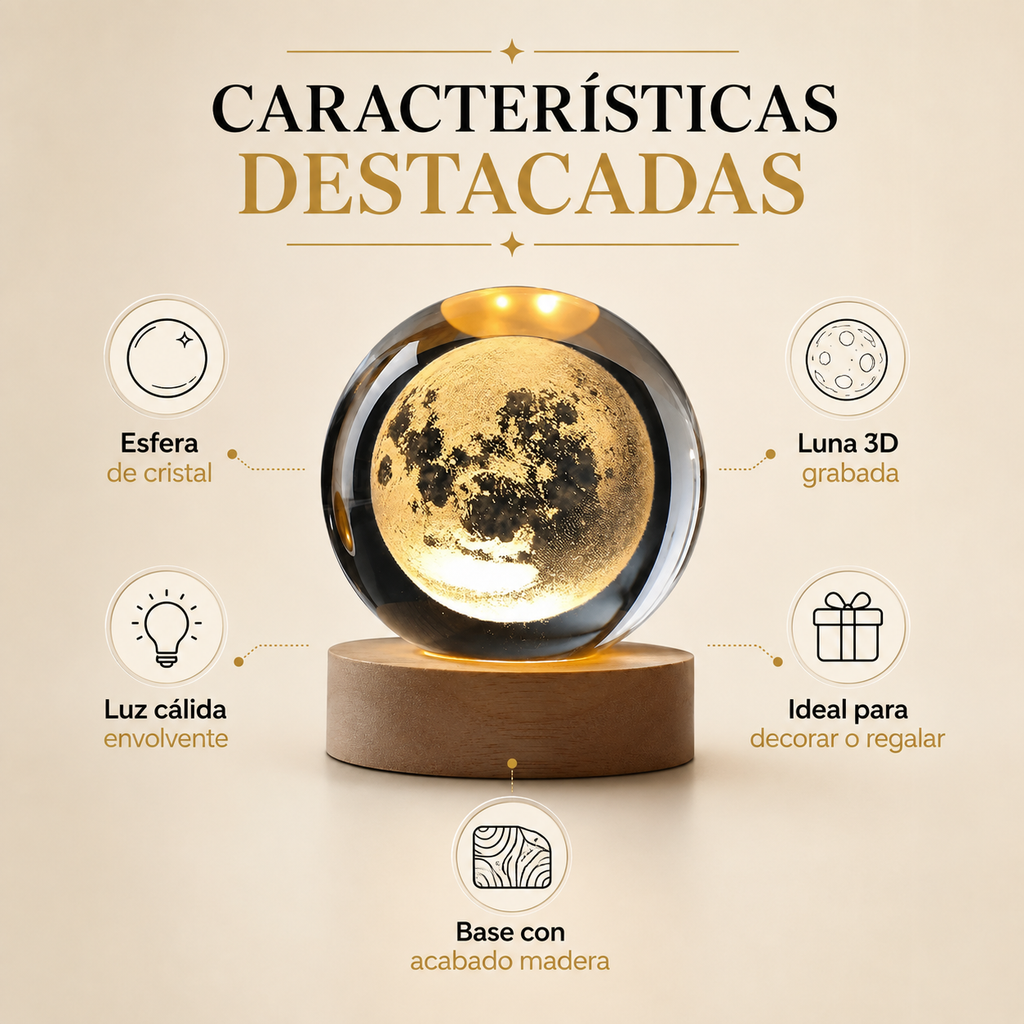 Lampara 3D Bola de Cristal con Base de Madera
