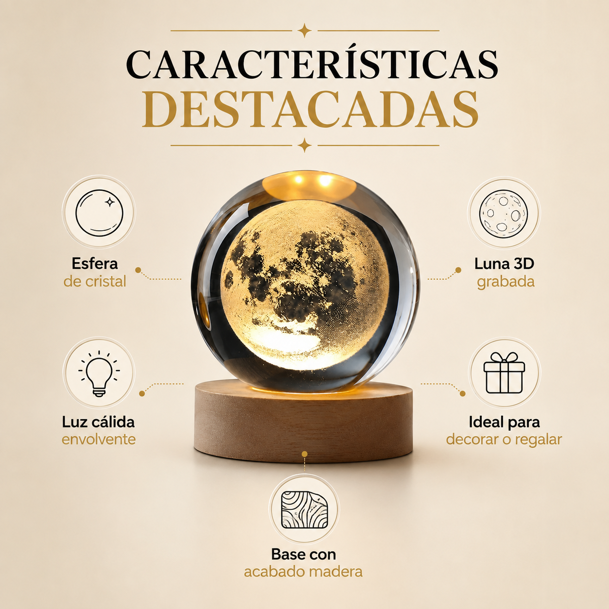 Lampara 3D Bola de Cristal con Base de Madera