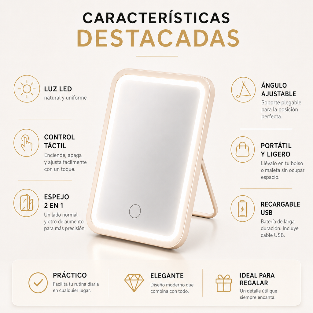 Espejo Rectangular LED de Maquillaje con Luz