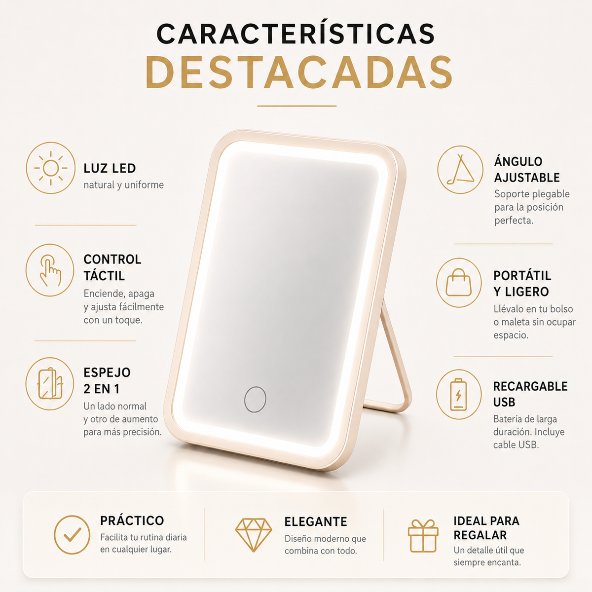 Espejo Rectangular LED de Maquillaje con Luz
