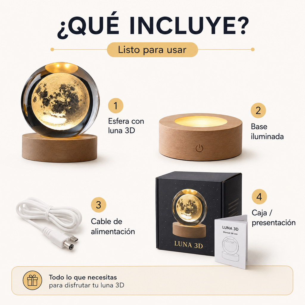 Lampara 3D Bola de Cristal con Base de Madera