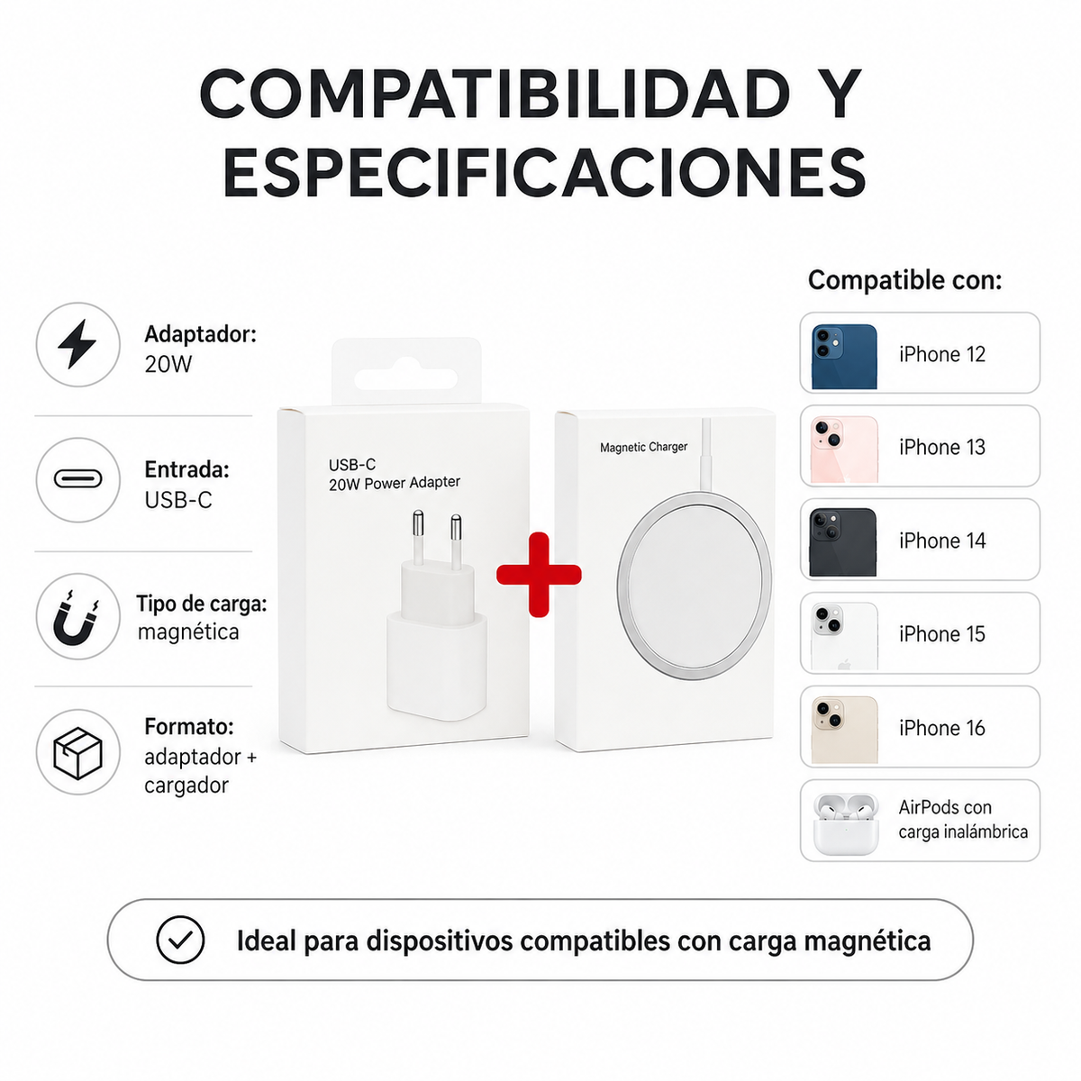 Adaptador + Cargador Inalambrico Magsafe
