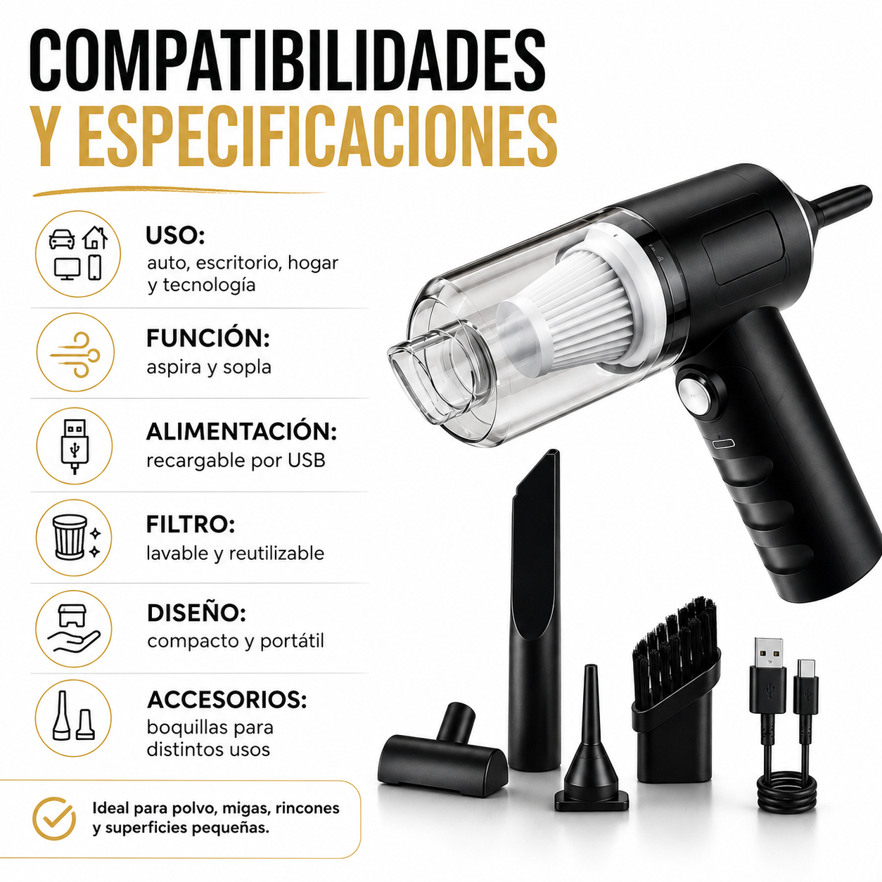 Aspiradora Mini 2 En 1 Portátil Con Accesorios