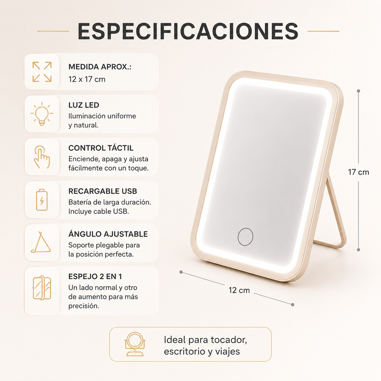Espejo Rectangular LED de Maquillaje con Luz