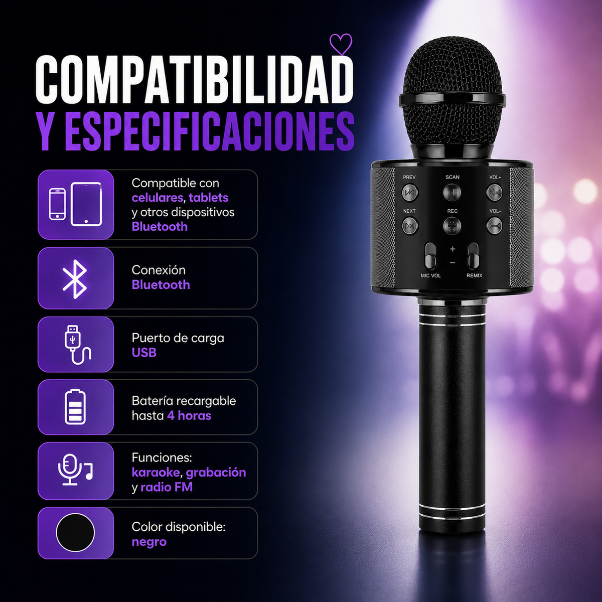 Micrófono Karaoke Bluetooth Inalámbrico Portátil