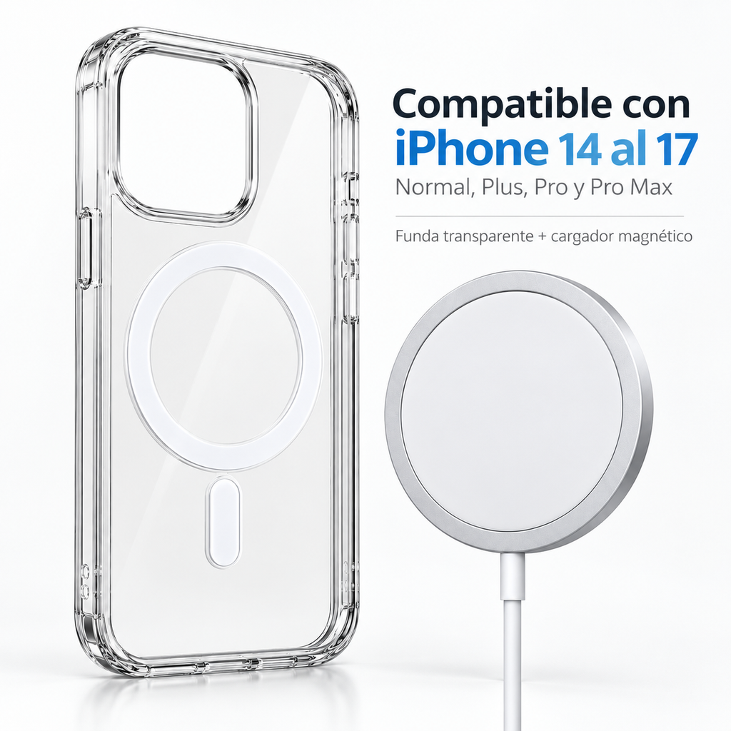 Pack Funda + Cargador inalambrico para IPhone 14 al 17 Pro max