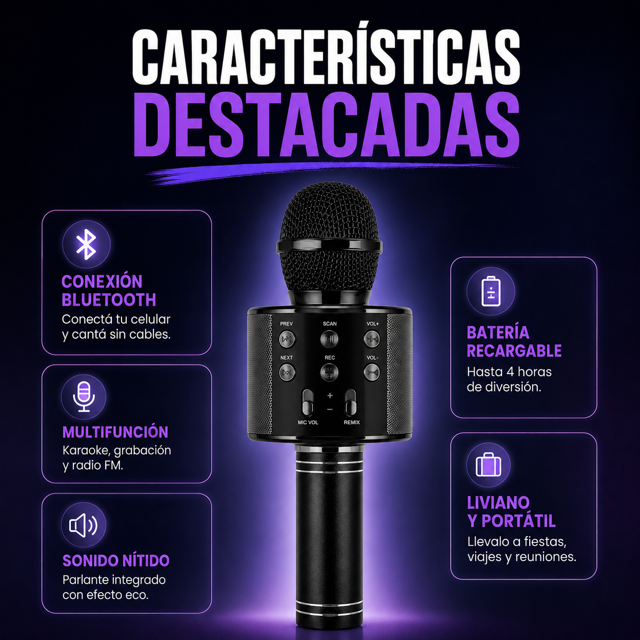 Micrófono Karaoke Bluetooth Inalámbrico Portátil