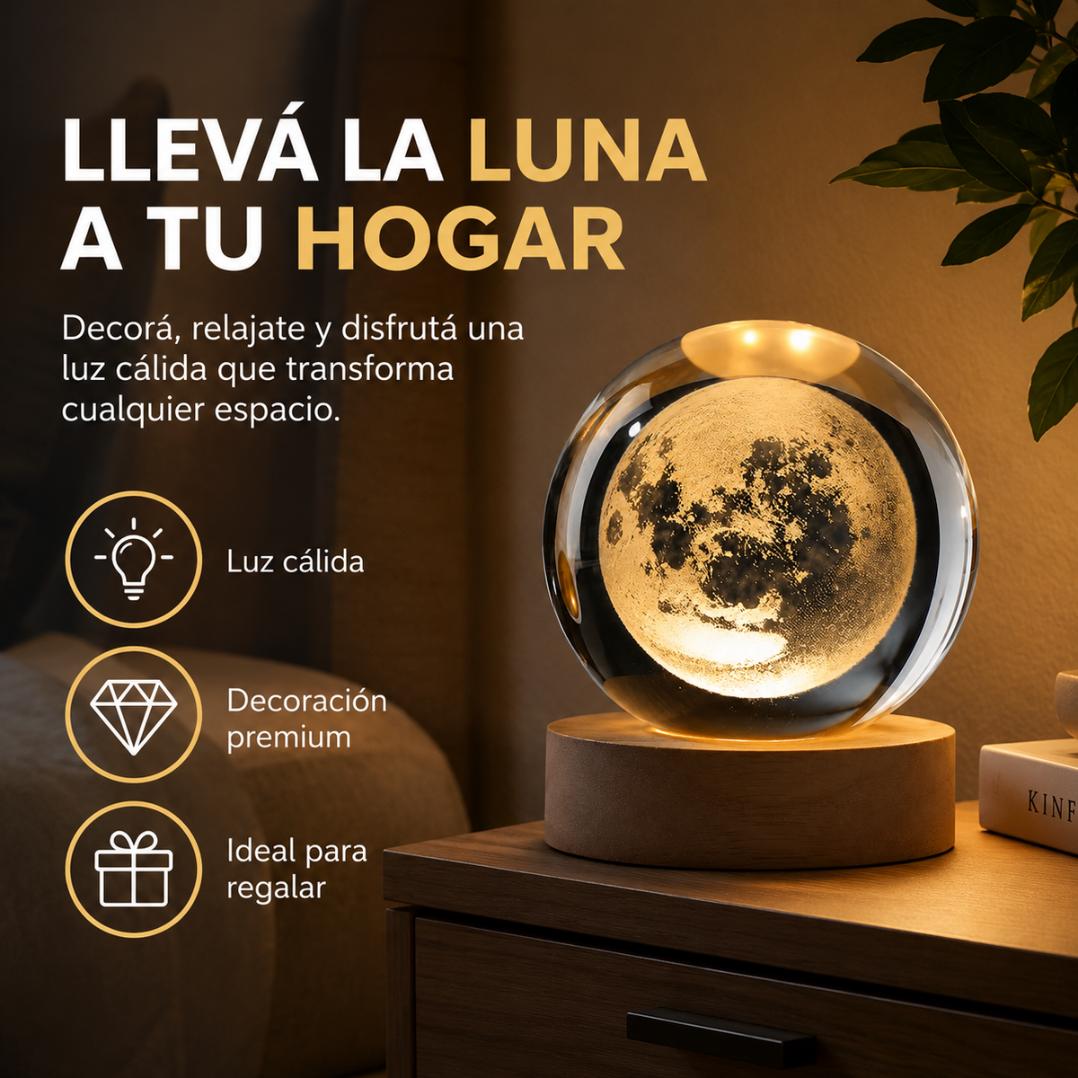 Lampara 3D Bola de Cristal con Base de Madera